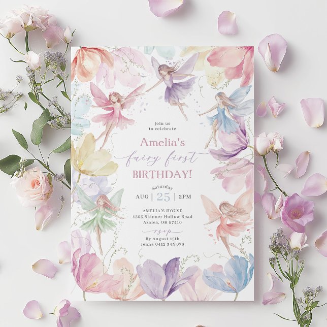 Fairy 1st Birthday Rainbow Fairy Girls Invitation (Rainbow Fairy First Birthday Invitation | Girl's 1st birthday fairy invitation | Rainbow flowers)