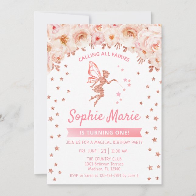 Fairy 1st Birthday - Rose Gold Pink Invitation (Front)