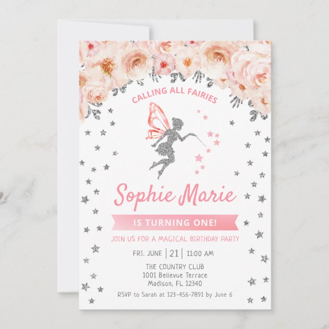 Fairy 1st Birthday - Silver Pink Invitation (Front)