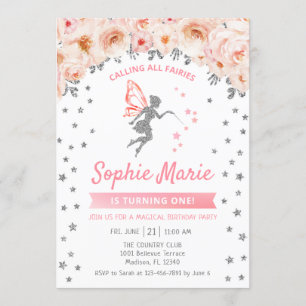 Fairy 1st Birthday - Silver Pink Invitation