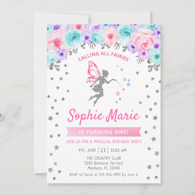 Fairy 1st Birthday - Silver Teal Purple Pink Invitation (Front)
