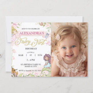 Fairy 1st First Birthday Girl Photo Forest Invitation