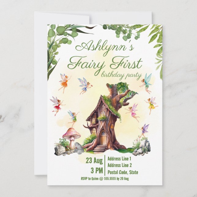 Fairy 1st Pixie & Treehouse Garden Party Birthday Invitation (Front)