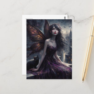 Fairy and black cat overlook the city at night postcard