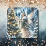 Fairy and Christmas Tree In the Enchanted Forest Square Sticker<br><div class="desc">Christmas stickers or envelope seals for your Christmas cards. Illustration of a fairy or angel decorating a Christmas tree in an enchanted forest.</div>