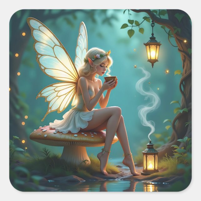 Fairy and Coffee Keeping in Touch Square Sticker (Front)