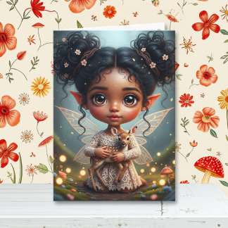 Fairy and Deer Girl's Cottagecore Birthday Card