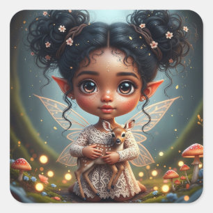 Fairy and Deer Girl's Cottagecore Birthday Square Sticker