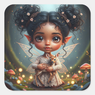 Fairy and Deer Girl's Cottagecore Birthday Square Sticker