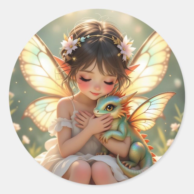 Fairy and Dragon | Chibi Anime Fairy Tale Classic Round Sticker (Front)