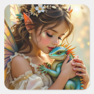 Fairy and Dragon Mystical Girl's Square Sticker