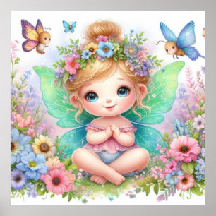 Fairy and flowers in fairy land pastel watercolor poster