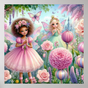 Fairy and flowers in fairy land pastel watercolor poster