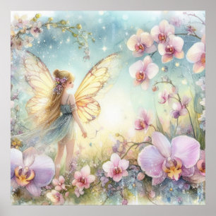 Fairy and flowers in pastel colours watercolor poster