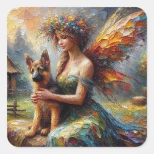Fairy And German Shepherd Puppy Square Sticker