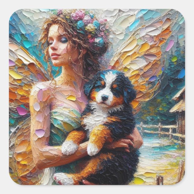 Fairy and her Bernese Mountain Dog Puppy Square Sticker (Front)
