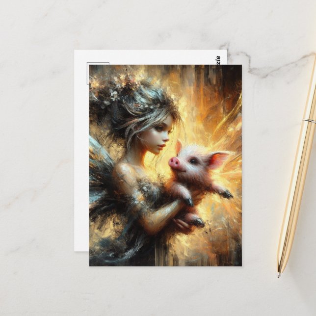 Fairy and her Piglet Postcard (Front/Back In Situ)