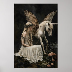 Fairy and Pegasus Art Print, Dark Academia Poster