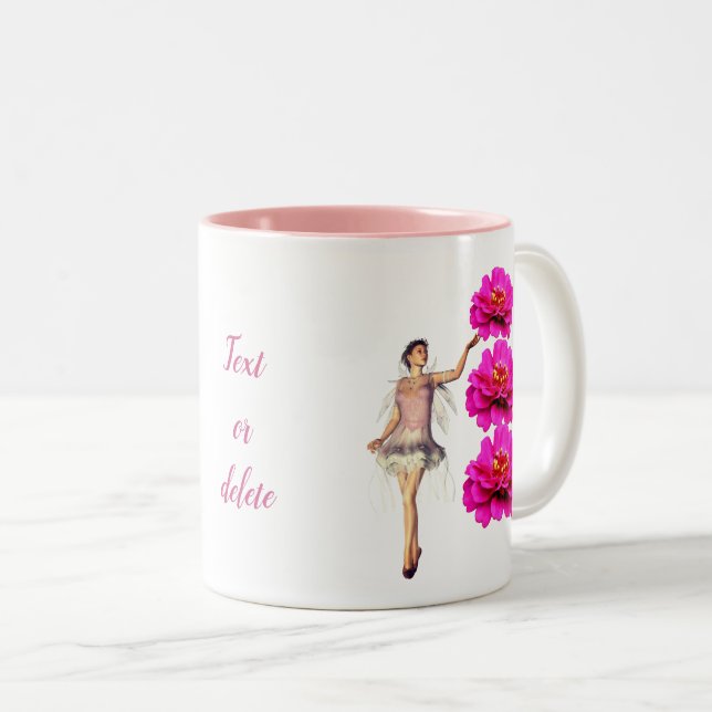 Fairy And Pink Zinnia Flower Personalised Two-Tone Coffee Mug (Front Right)