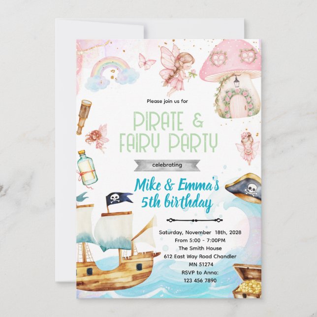 Fairy and Pirate birthday party invitation (Front)