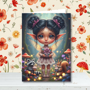 Fairy and Racoon Girl's Cottagecore Birthday  Card
