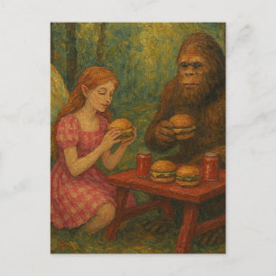 Fairy and Sasquatch Eating Cheeseburgers in Forest Postcard