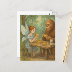 Fairy and Sasquatch Eating Tacos Fantasy Art Postcard