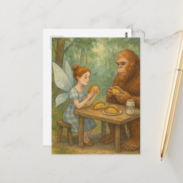 Fairy and Sasquatch Eating Tacos Fantasy Art Postcard (Front/Back In Situ)