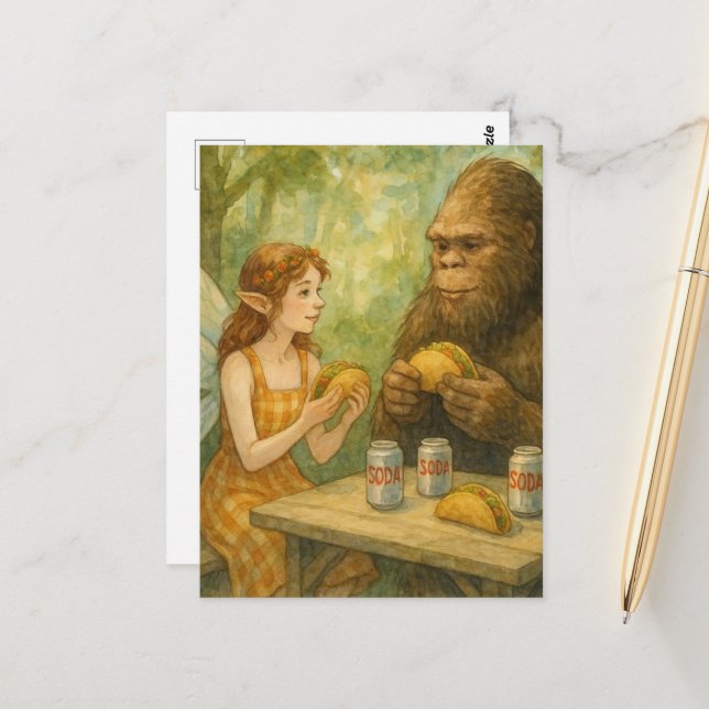 Fairy and Sasquatch Eating Tacos Postcard (Front/Back In Situ)