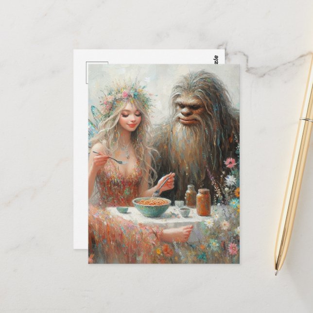 Fairy and Sasquatch Spaghetti Picnic Postcard (Front/Back In Situ)