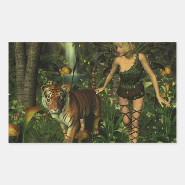 Fairy and Tiger in the Jungle Rectangular Sticker (Front)
