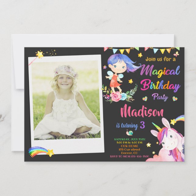 Fairy and Unicorn birthday invitation with photo (Front)
