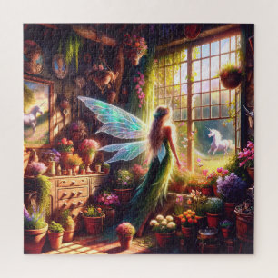 Fairy and Unicorn Mystical Gaze Enchanting Garden Jigsaw Puzzle