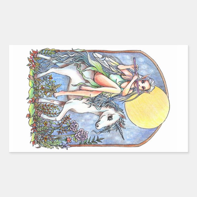 Fairy and Unicorn Rectangular Sticker (Front)