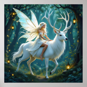 Fairy and White Deer Magical Forest Poster