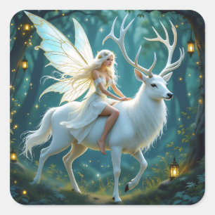 Fairy and White Deer Magical Forest Square Sticker