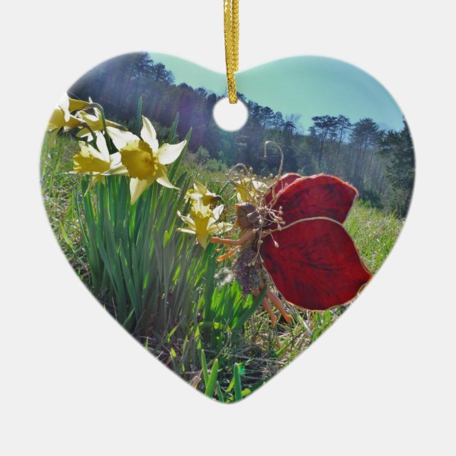 Fairy and yellow flowers ceramic tree decoration (Front)