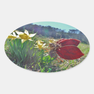 Fairy and yellow flowers oval sticker