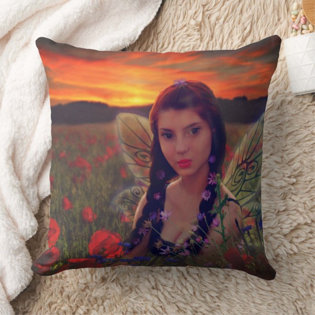 Fairy at Sunset in a field of poppies Fantasy Art Cushion (Blanket)