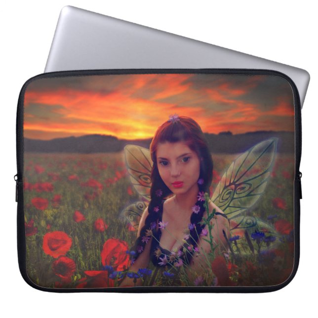 Fairy at Sunset in a field of poppies Fantasy Art Laptop Sleeve (Front)