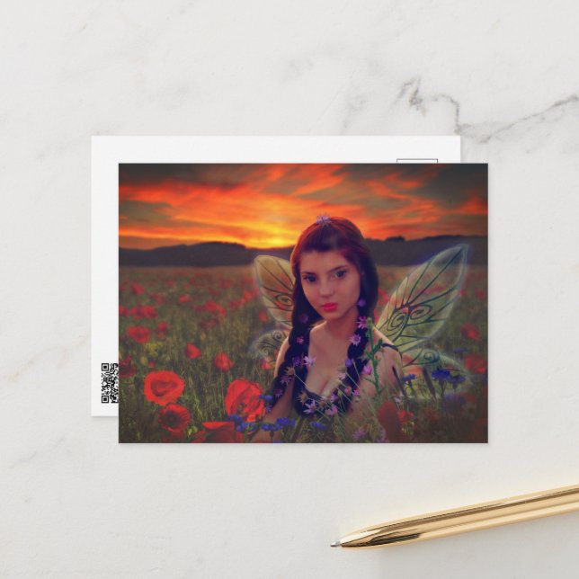 Fairy at Sunset in a field of poppies Fantasy Art Postcard (Front/Back In Situ)