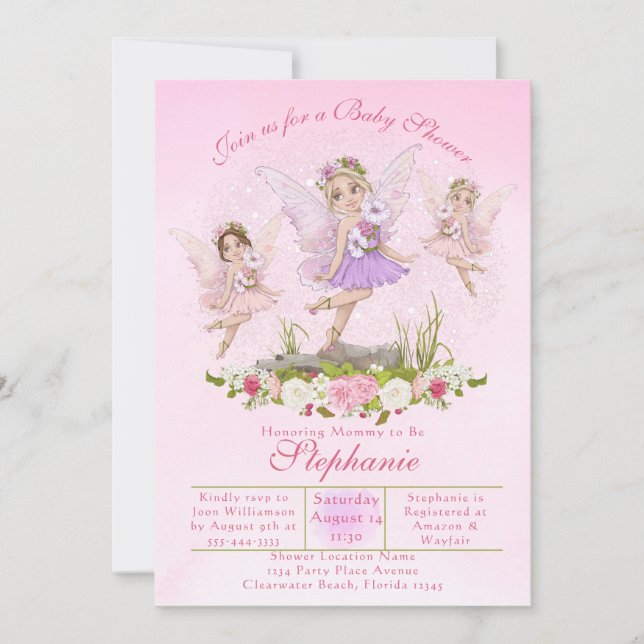 Fairy Baby Shower Pink Illustrations Invitation (Front)