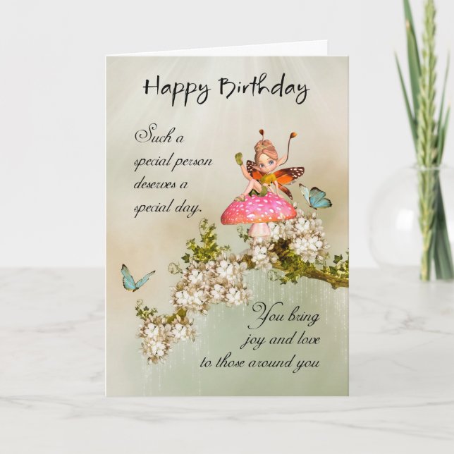 Fairy Birthday Card With Blue Butterflies And Blos (Front)