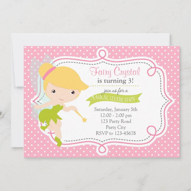 Fairy Birthday Invitation for Girls (Pink Green) (Front)