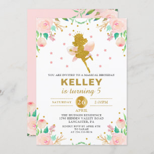 Fairy Birthday Invitation Pink Floral Girl Party