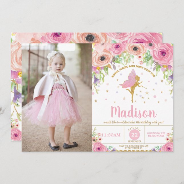 Fairy Birthday Invitations Whimsical Pink Floral (Front/Back)