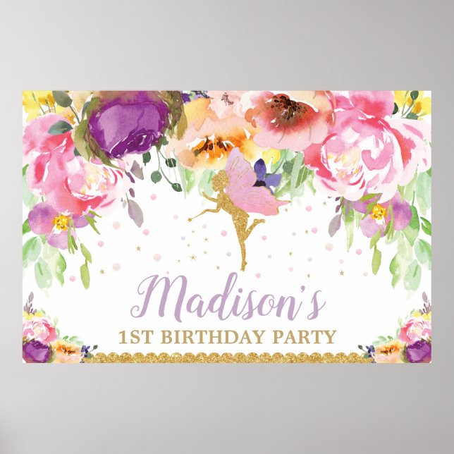 Fairy Birthday Party Backdrop Banner Floral Poster (Front)
