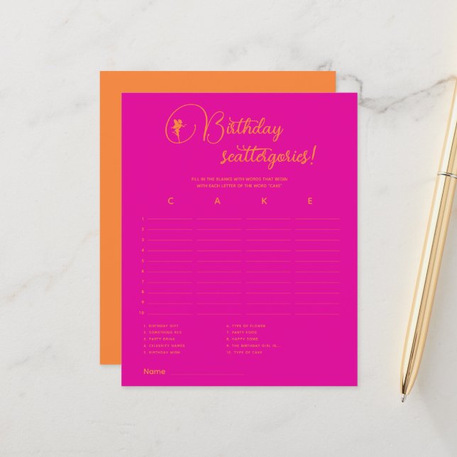 Fairy Birthday scattergories! Birthday Party Game (Front/Back In Situ)