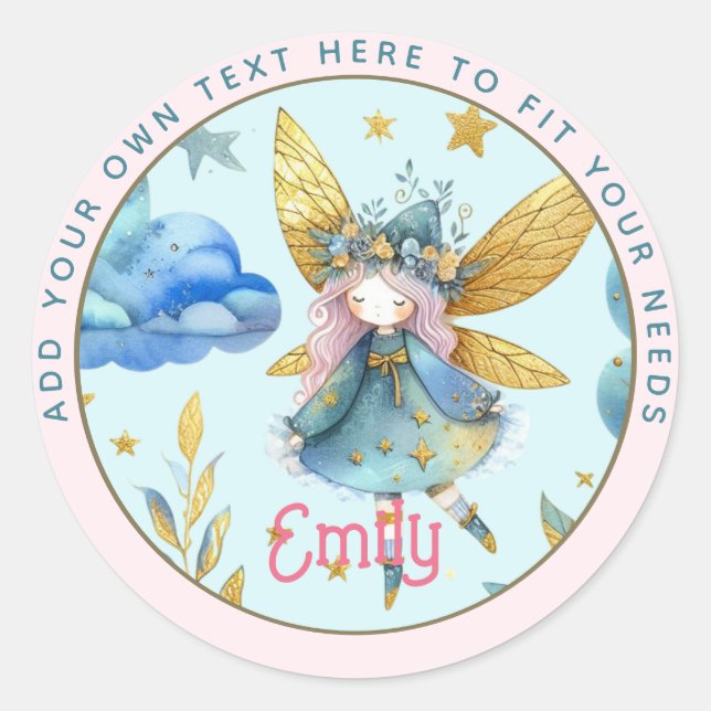 Fairy Birthday Teal Gold Pink Princess Fairytale Classic Round Sticker (Front)