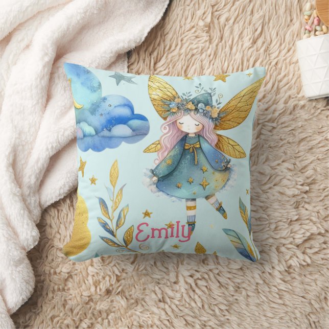Fairy Birthday Teal Gold Pink Princess Fairytale Cushion (Blanket)